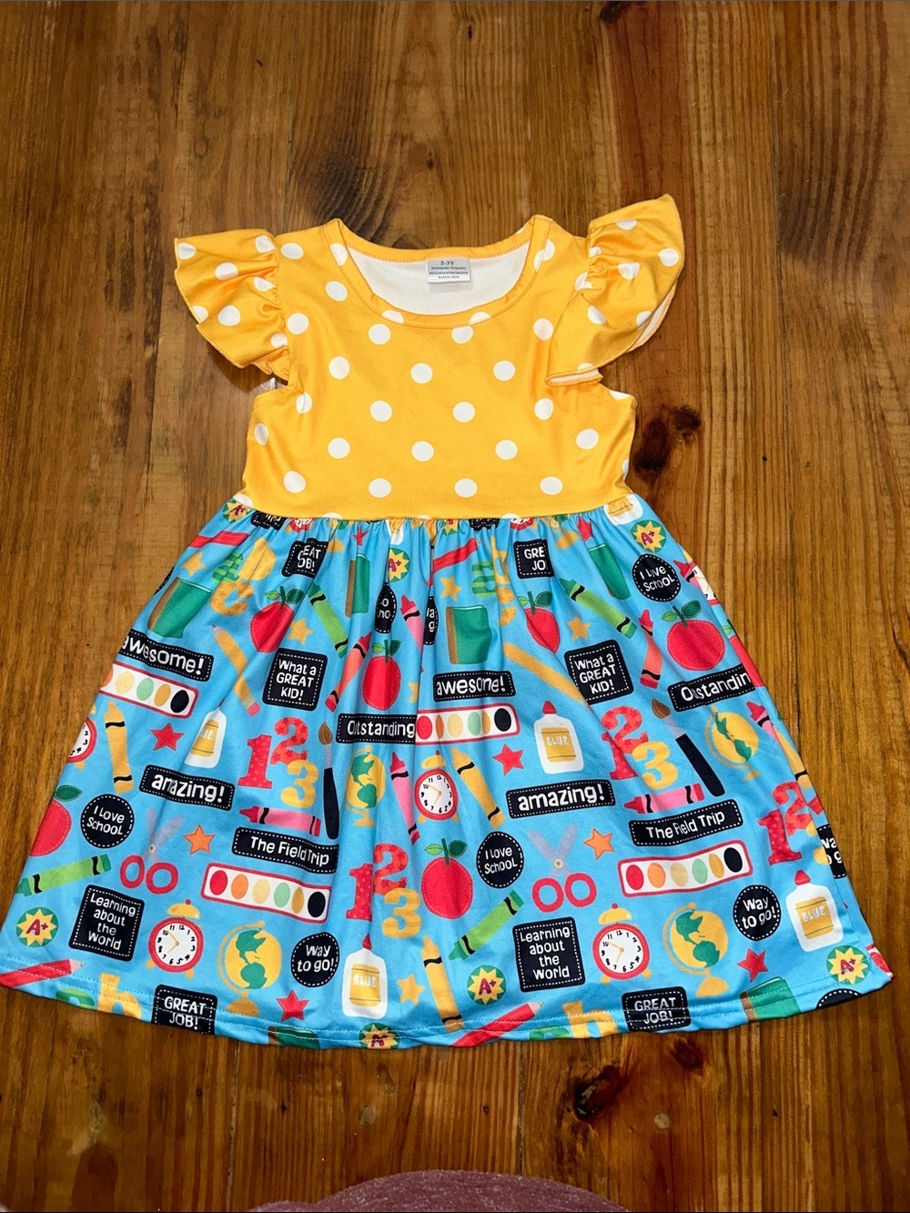 Yellow Polka Dot Top with Blue School-Print Kids Dress